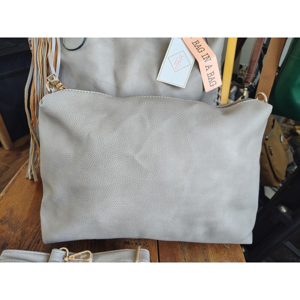 Jen Co Tote Large Gray Bag In A Bag Tassel Pouch Purse Vegan Faux Leather Beige - Picture 6 of 16